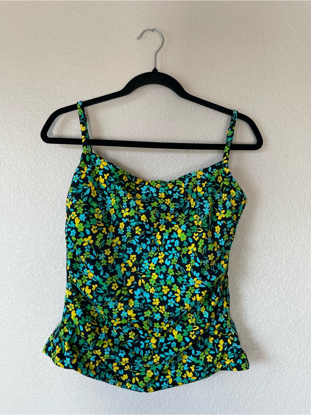 Miraclesuit Black Floral Spaghetti Strap Cami with Teal & Yellow Print
